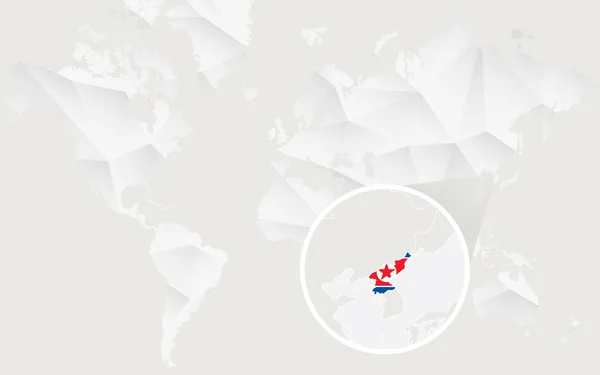 Mapa Severní Korea s příznakem v obrysu na bílém polygonální mapa světa. — Stockový vektor