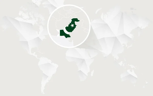 Peta Pakistan dengan bendera dalam kontur pada peta dunia poligonal putih . - Stok Vektor