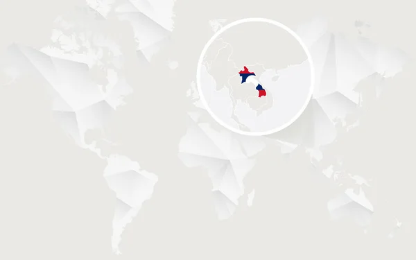 Mapa Laosu s příznakem v obrysu na bílém polygonální mapa světa. — Stockový vektor