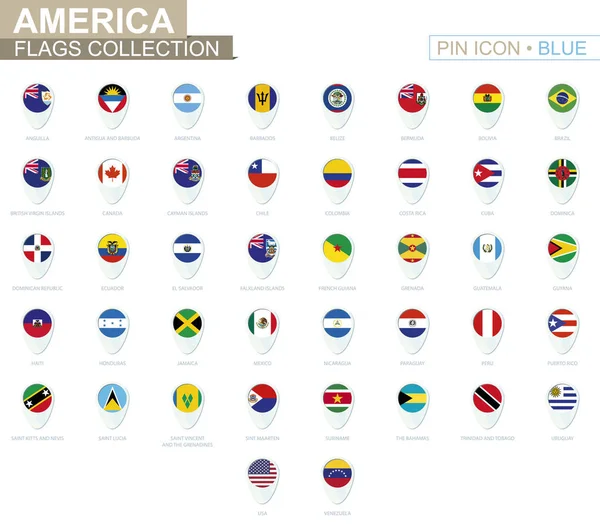 Colección de banderas de América. Gran conjunto de icono de pin azul con banderas . — Archivo Imágenes Vectoriales