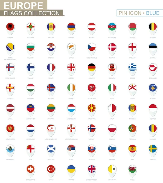 Collection de drapeaux d'Europe. Grand ensemble d'icône broche bleue avec des drapeaux . — Image vectorielle