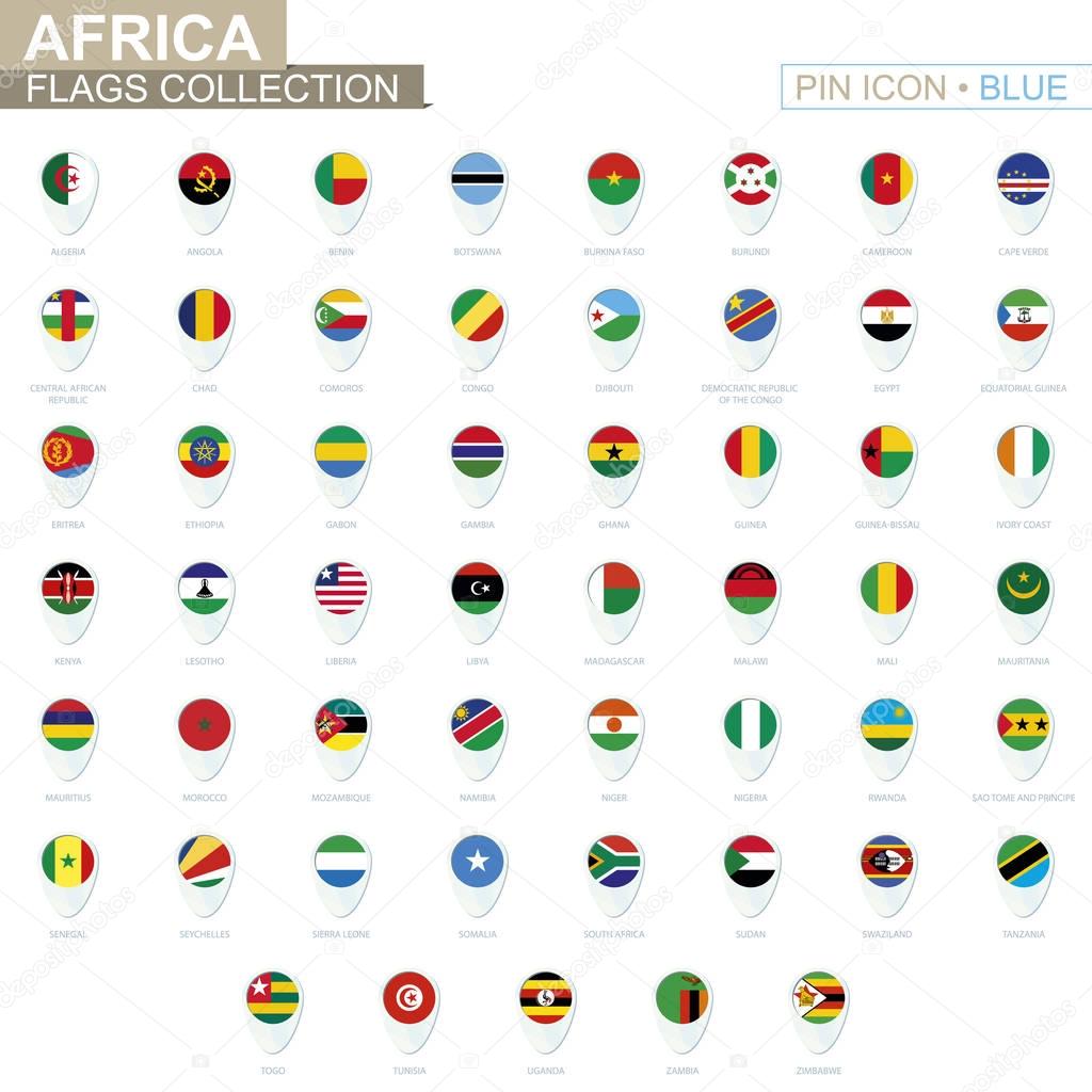 Africa flags collection. Big set of blue pin icon with flags.