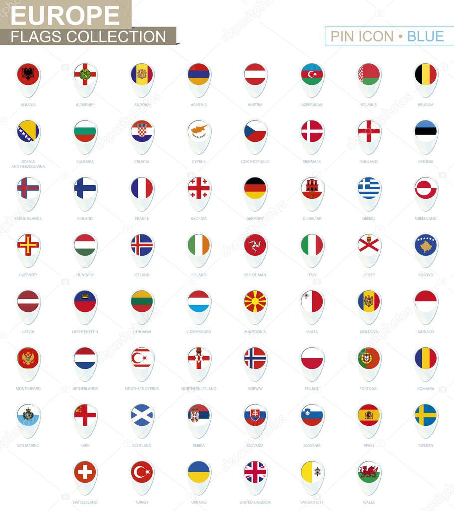 Europe flags collection. Big set of blue pin icon with flags.