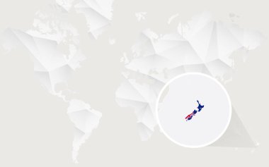 Kontur beyaz poligonal dünya haritası üzerinde bayrağı ile Yeni Zelanda Haritası.