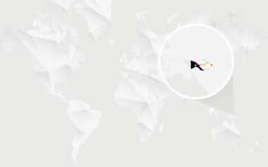 Kontur beyaz poligonal dünya haritası üzerinde bayrak Papua Yeni Gine Haritası.