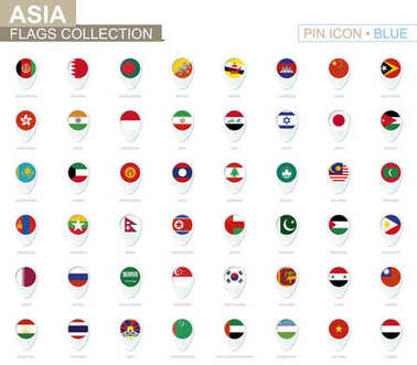 Asia flags collection. Big set of blue pin icon with flags. clipart