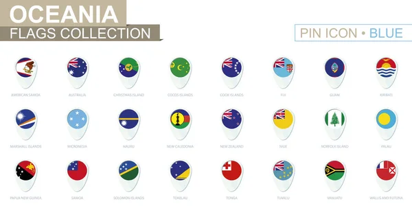 Oceania flagi kolekcji. Duży zestaw niebieski pin ikona z flagami. — Wektor stockowy