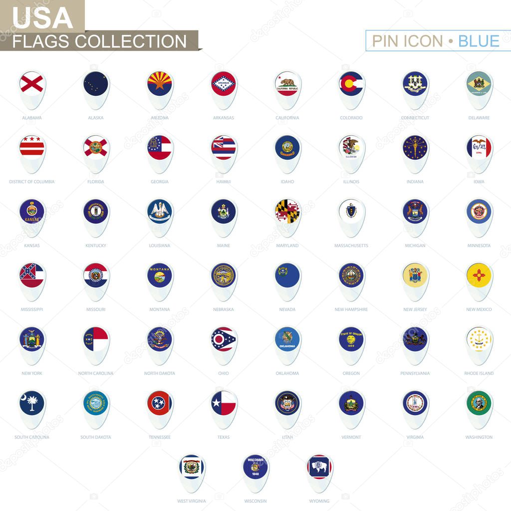 USA State flags collection. Big set of blue pin icon with flags.