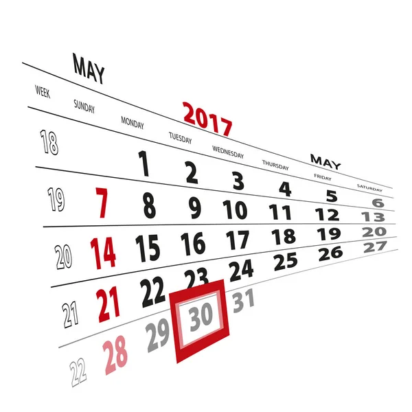 30 de mayo, resaltado en el calendario 2017 . — Archivo Imágenes Vectoriales