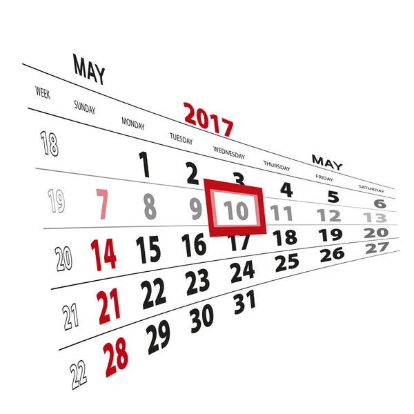 10 mei, gemarkeerd op 2017 kalender. — Stockvector