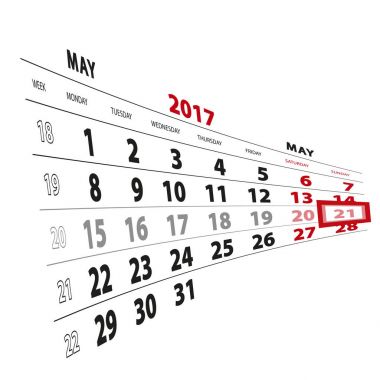 21 Mayıs tarihinde vurgulanan takvim 2017. Hafta Pazartesi başlıyor.