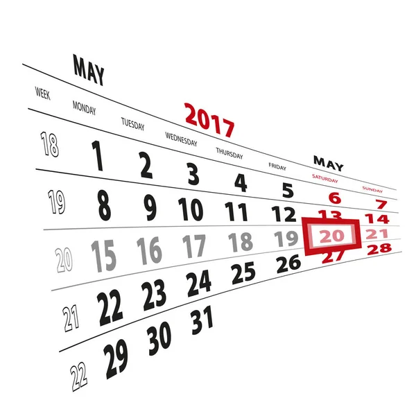 20 Μαΐου επισημασμένη στο ημερολόγιο του 2017. Την εβδομάδα που ξεκινά από τη Δευτέρα. — Διανυσματικό Αρχείο