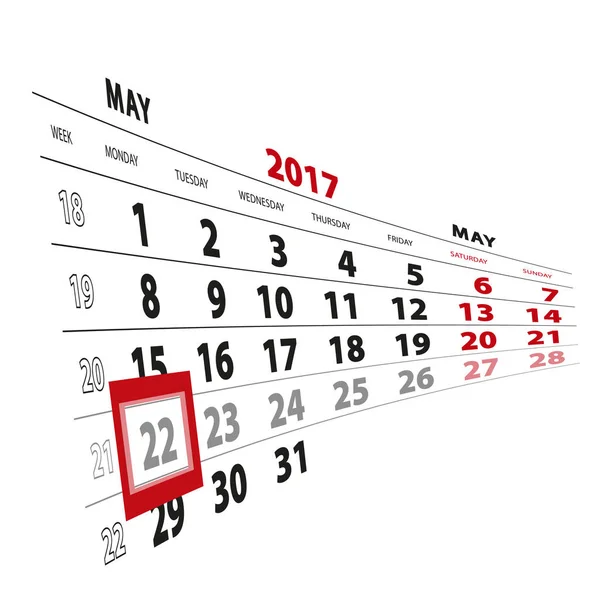 22 Μαΐου επισημασμένη στο ημερολόγιο του 2017. Την εβδομάδα που ξεκινά από τη Δευτέρα. — Διανυσματικό Αρχείο