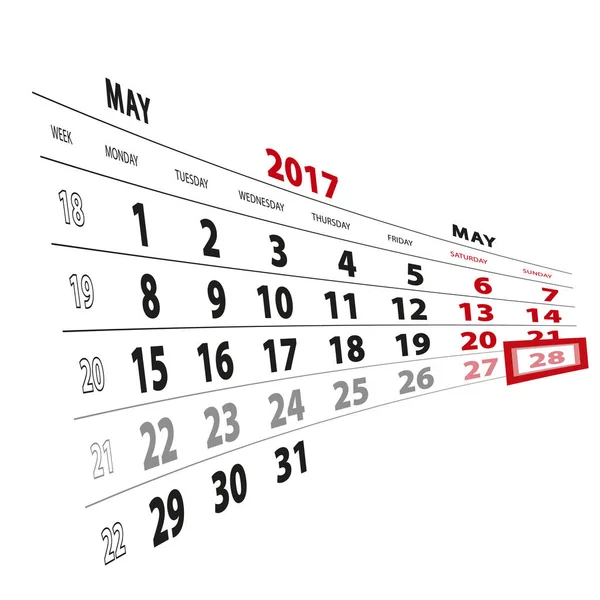 28 Μαΐου επισημασμένη στο ημερολόγιο του 2017. Την εβδομάδα που ξεκινά από τη Δευτέρα. — Διανυσματικό Αρχείο