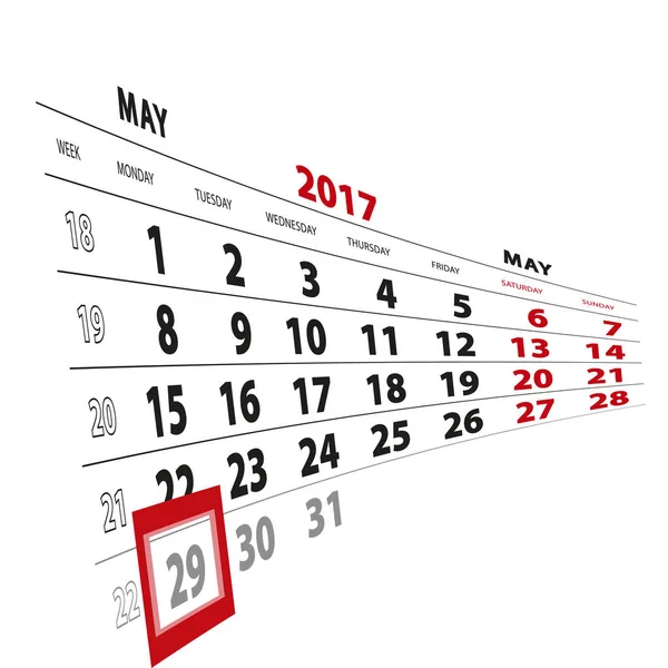 29 Mayo destacado en el calendario 2017. La semana comienza el lunes . — Vector de stock