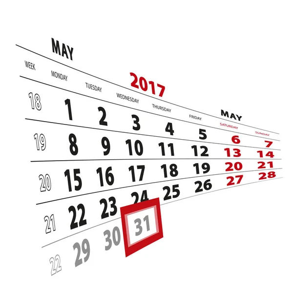 31 Mayo destacado en el calendario 2017. La semana comienza el lunes . — Vector de stock