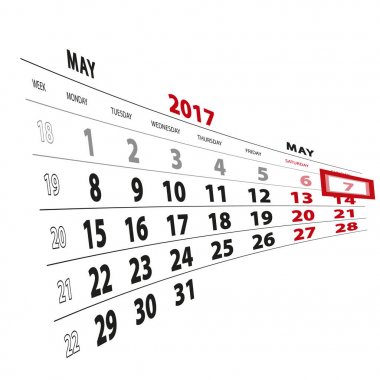 7 Mayıs tarihinde vurgulanan takvim 2017. Hafta Pazartesi başlıyor.