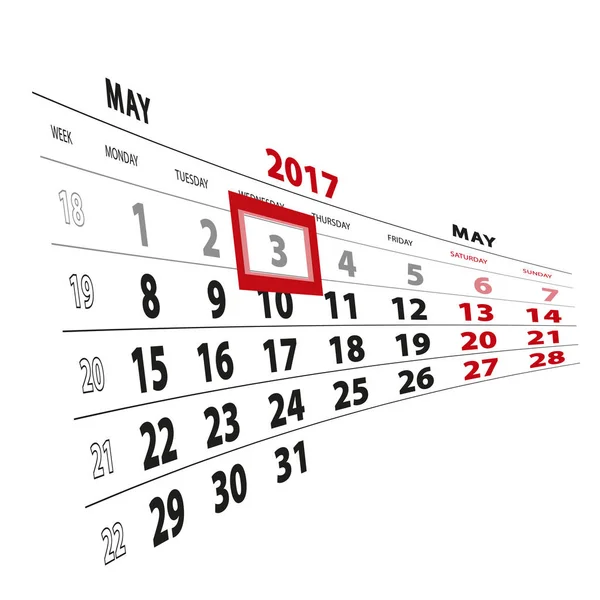 3 Mayo destacado en el calendario 2017. La semana comienza el lunes . — Vector de stock