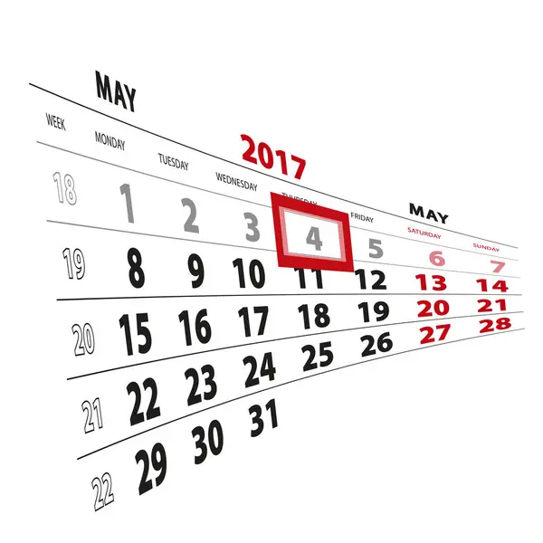 4 Mayo destacado en el calendario 2017. La semana comienza el lunes . — Archivo Imágenes Vectoriales