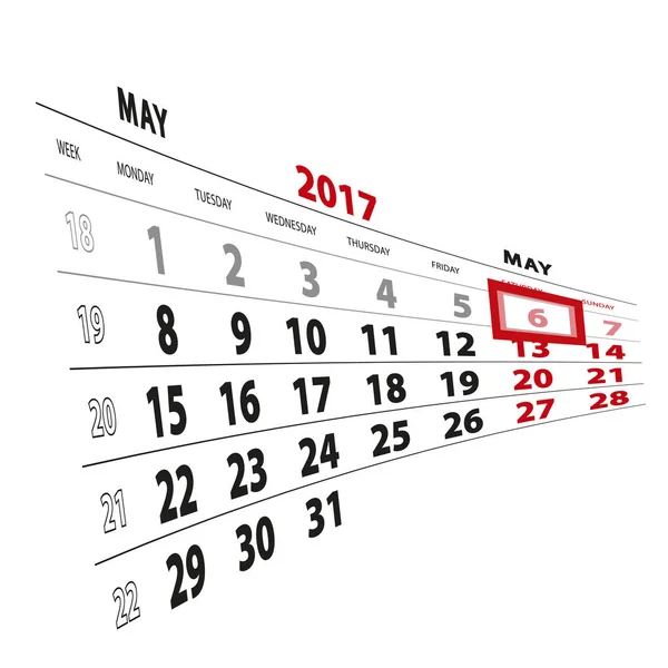 6 Μαΐου επισημασμένη στο ημερολόγιο του 2017. Την εβδομάδα που ξεκινά από τη Δευτέρα. — Διανυσματικό Αρχείο