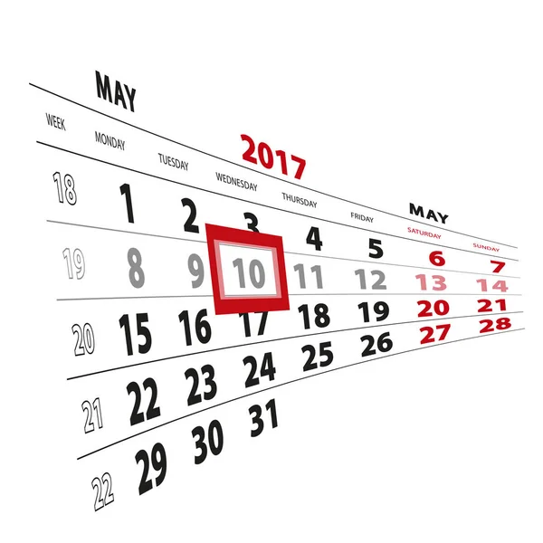 10 Μαΐου επισημασμένη στο ημερολόγιο του 2017. Την εβδομάδα που ξεκινά από τη Δευτέρα. — Διανυσματικό Αρχείο
