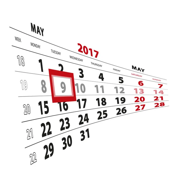 9 Μαΐου επισημασμένη στο ημερολόγιο του 2017. Την εβδομάδα που ξεκινά από τη Δευτέρα. — Διανυσματικό Αρχείο