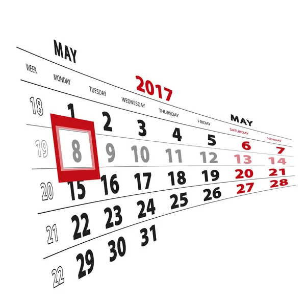 8 Mayo destacado en el calendario 2017. La semana comienza el lunes . — Archivo Imágenes Vectoriales