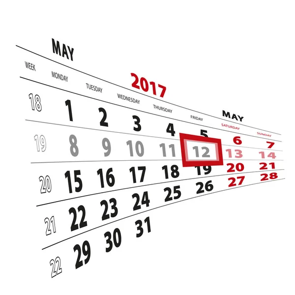 12 Mayo destacado en el calendario 2017. La semana comienza el lunes . — Archivo Imágenes Vectoriales