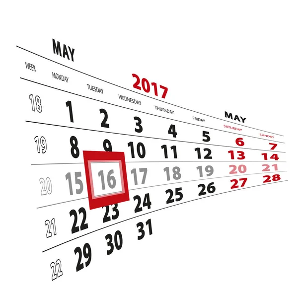16 Mayo destacado en el calendario 2017. La semana comienza el lunes . — Archivo Imágenes Vectoriales