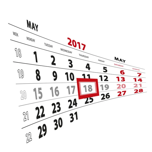 18 Mayo destacado en el calendario 2017. La semana comienza el lunes . — Vector de stock