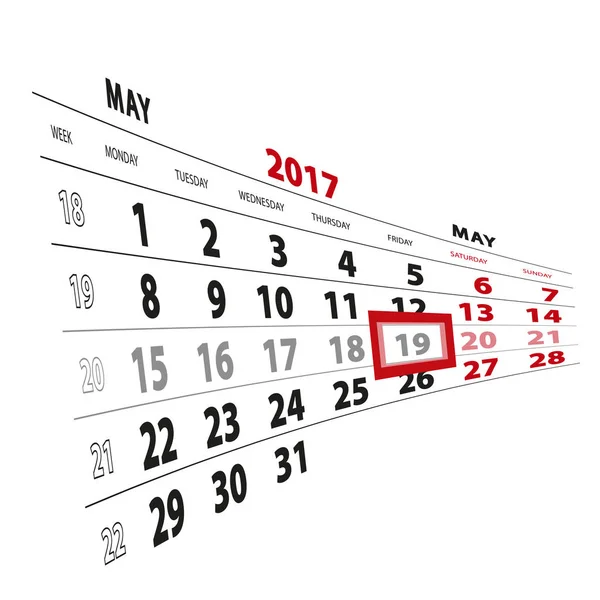 19 maja wyróżnione na kalendarz 2017. Tydzień zaczyna się od poniedziałku. — Wektor stockowy