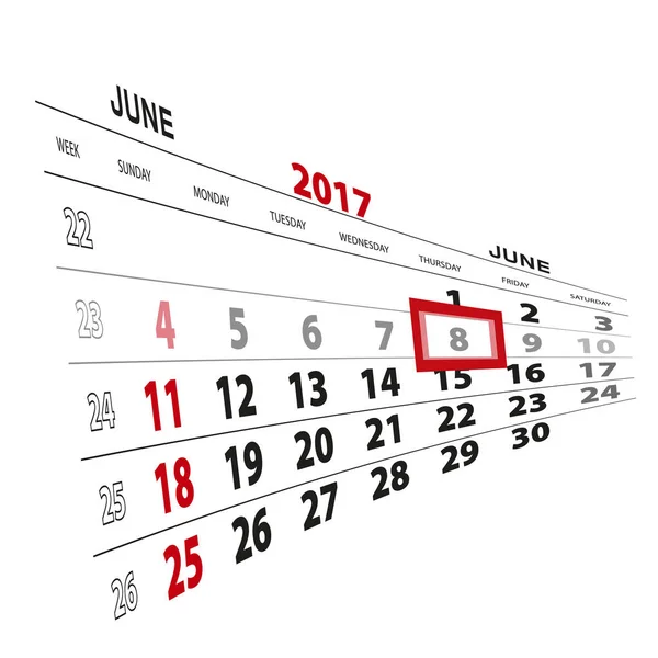 8 de junio, resaltado en el calendario 2017 . — Vector de stock