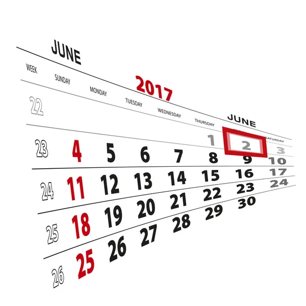 2 de junio, resaltado en el calendario 2017 . — Vector de stock