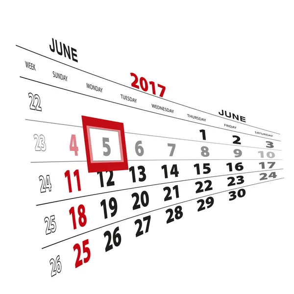 5 de junio, resaltado en el calendario 2017 . — Vector de stock