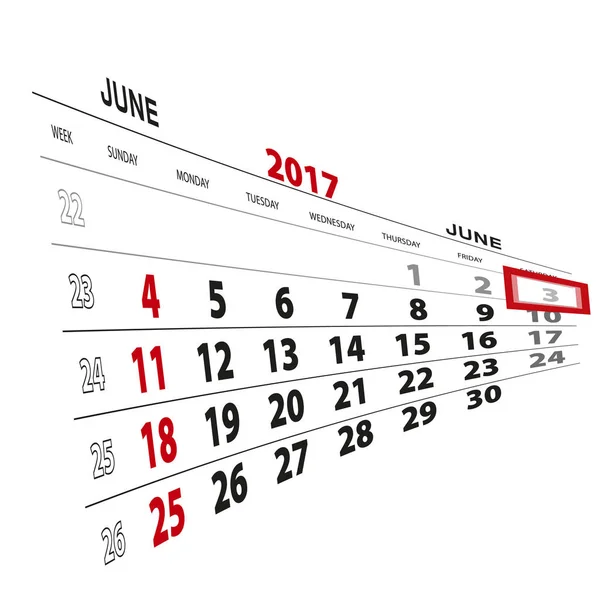 3 de junio, resaltado en el calendario 2017 . — Vector de stock