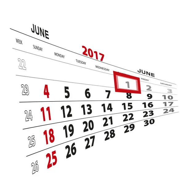 1 de junio, resaltado en el calendario 2017 . — Vector de stock
