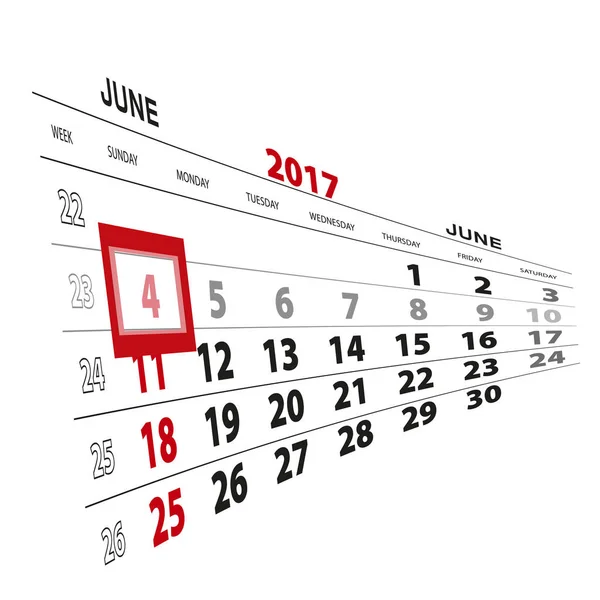 4 de junio, resaltado en el calendario 2017 . — Vector de stock