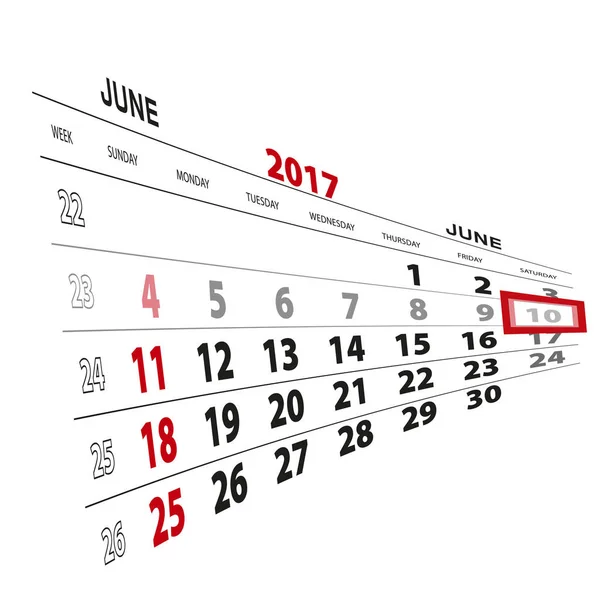 10 de junio, resaltado en el calendario 2017 . — Vector de stock