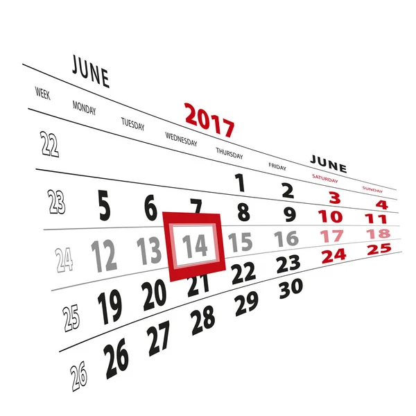 14 Junio destacado en el calendario 2017. La semana comienza el lunes . — Vector de stock