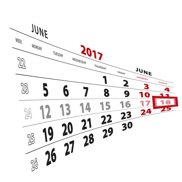 18 juni markeras på kalender 2017. Veckan börjar måndag. — Stock vektor