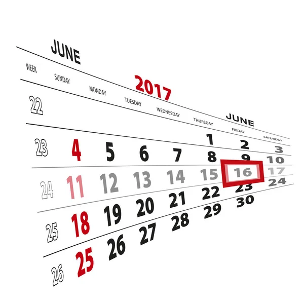 16 de junio, resaltado en el calendario 2017 . — Vector de stock