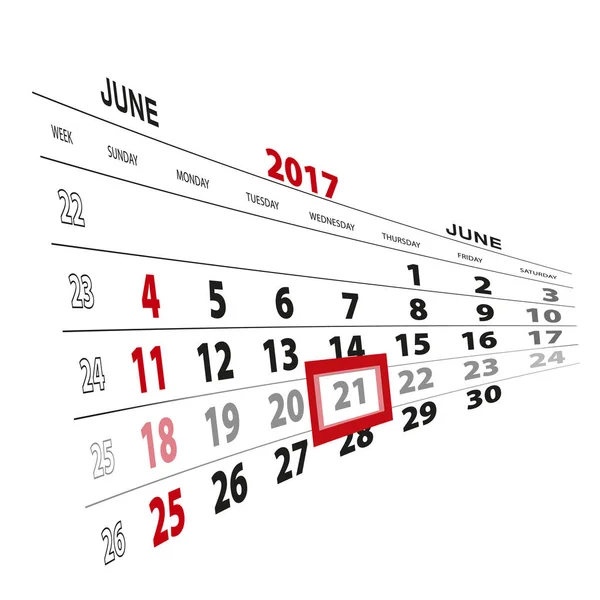 21 de junio, resaltado en el calendario 2017 . — Vector de stock