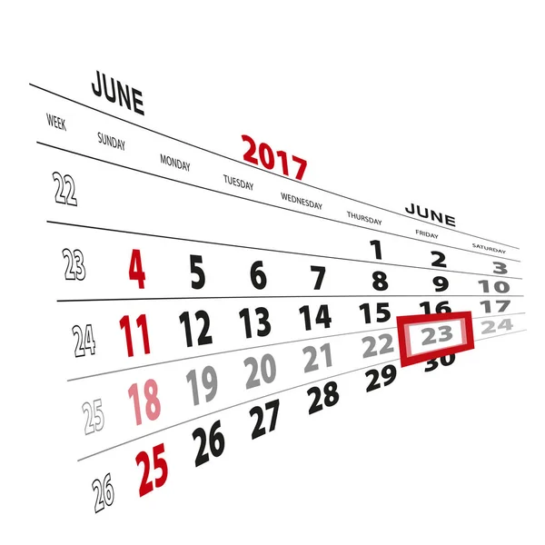 23 de junio, resaltado en el calendario 2017 . — Vector de stock