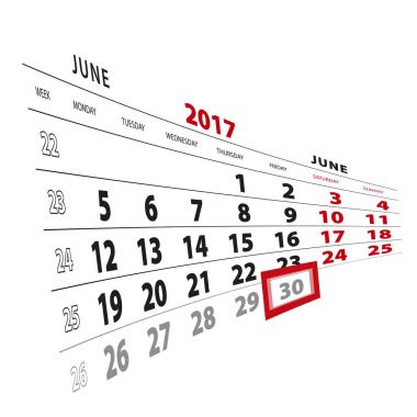 30 Haziran 2017 takvimde vurgulanır. Hafta Pazartesi başlıyor.