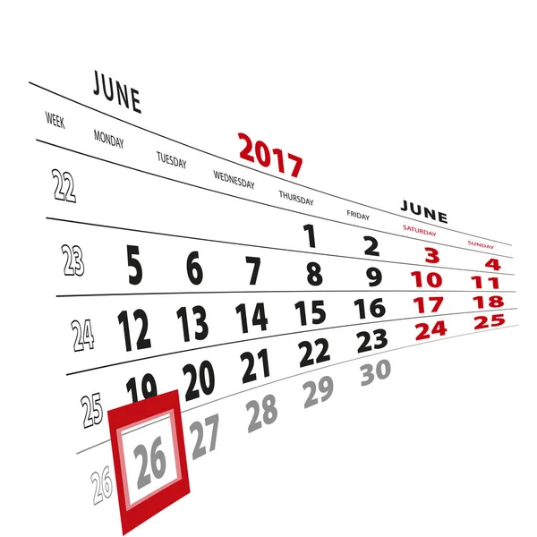 26 Junio destacado en el calendario 2017. La semana comienza el lunes . — Vector de stock