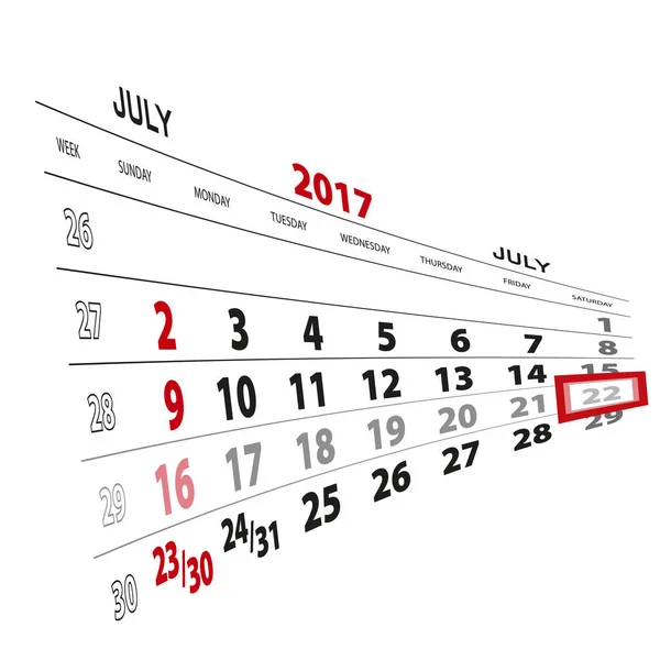 22 de julio, resaltado en el calendario 2017 . — Vector de stock