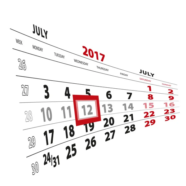 7 月 12 日カレンダー 2017 で強調表示されます。週は月曜日から開始します。. — ストックベクタ