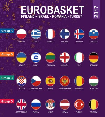 Avrupa Basketbol Şampiyonası 2017, tüm grupları, tüm bayrakları ile basketbol desen arka plan.