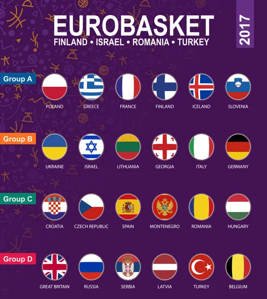 Eurobasket 2017, Todos los grupos, Todas las banderas con fondo de patrón de baloncesto . — Vector de stock