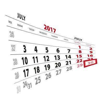30 Temmuz 2017 takvimde vurgulanır. Hafta Pazartesi başlıyor.